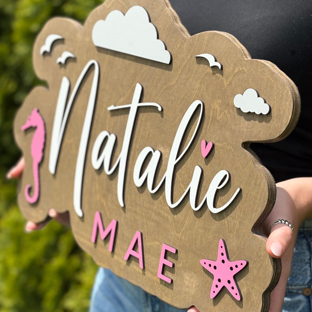 Ocean Themed Girls Custom Wood Name Sign Boho Wall Decor