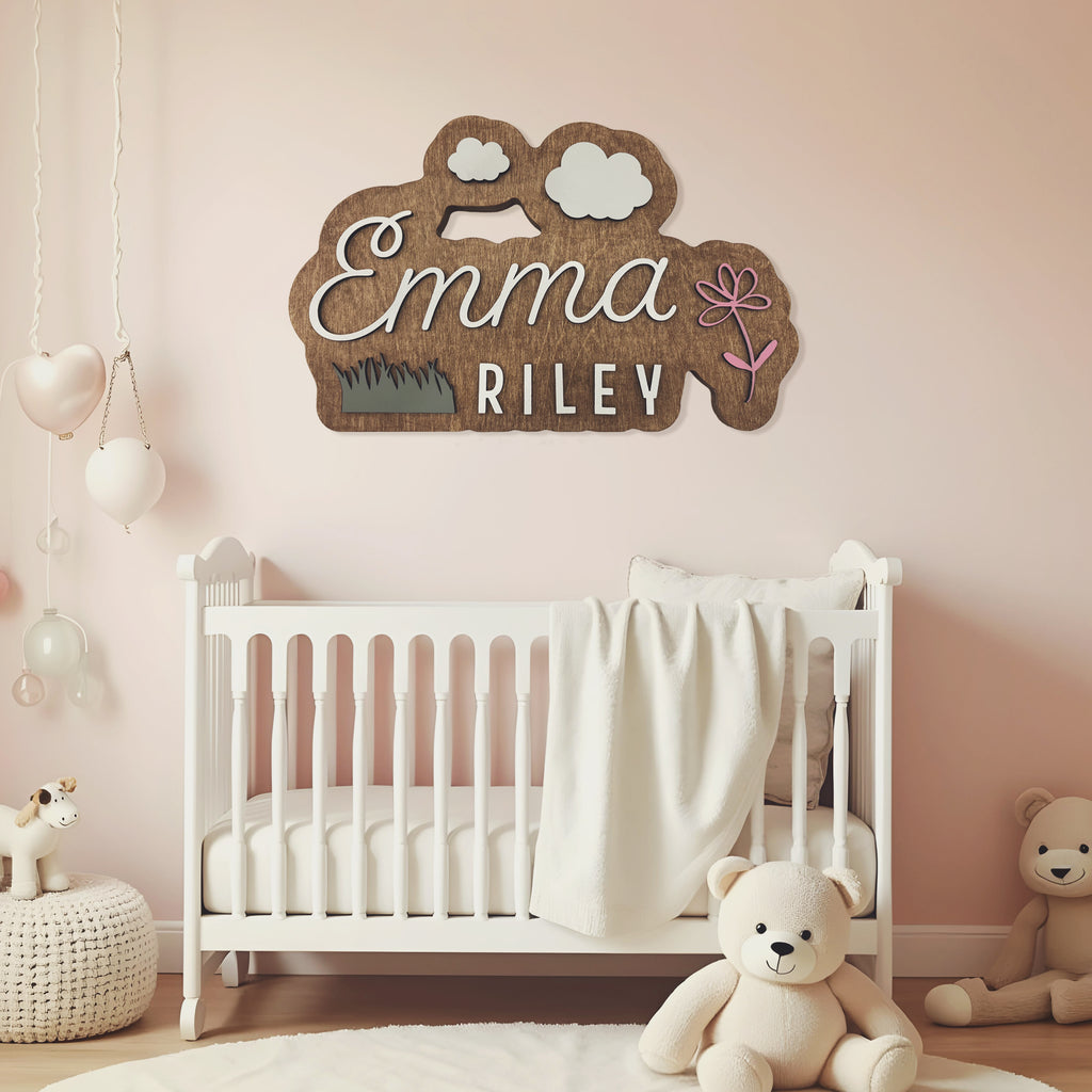 Girls Boho Custom Cutout Name Sign With Flowers & Clouds